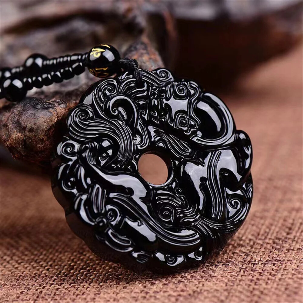 Green Jade Hand-Carved Dragon Hollow Jade Pendant Necklace Chinese Amulet