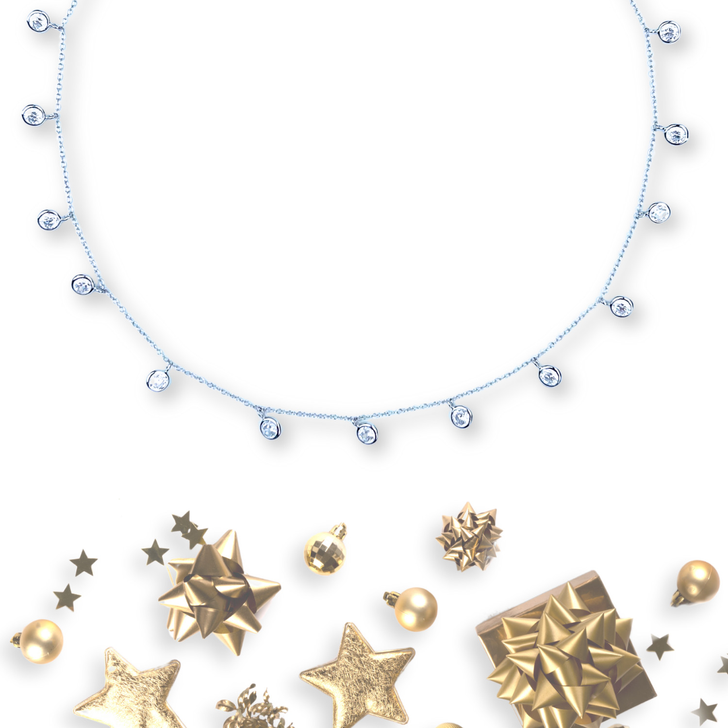 Delicate 925 Sterling Silver Necklace with 15 Flawless Cubic Zirconia Stones