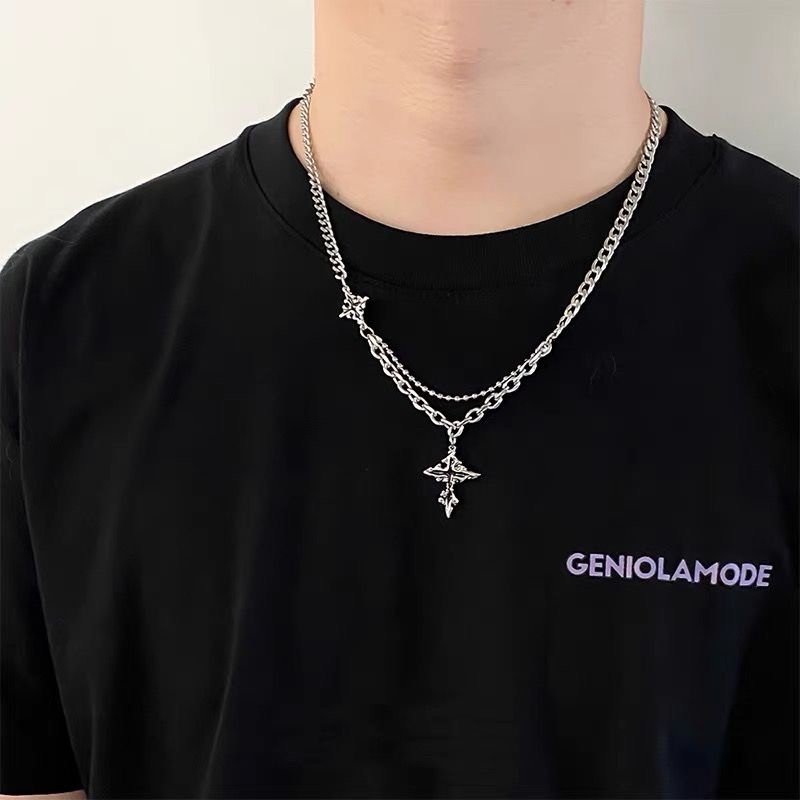 Double Layer Flame Cross Necklace Silver Black Unisex Y2K Mixed Chain Pendant