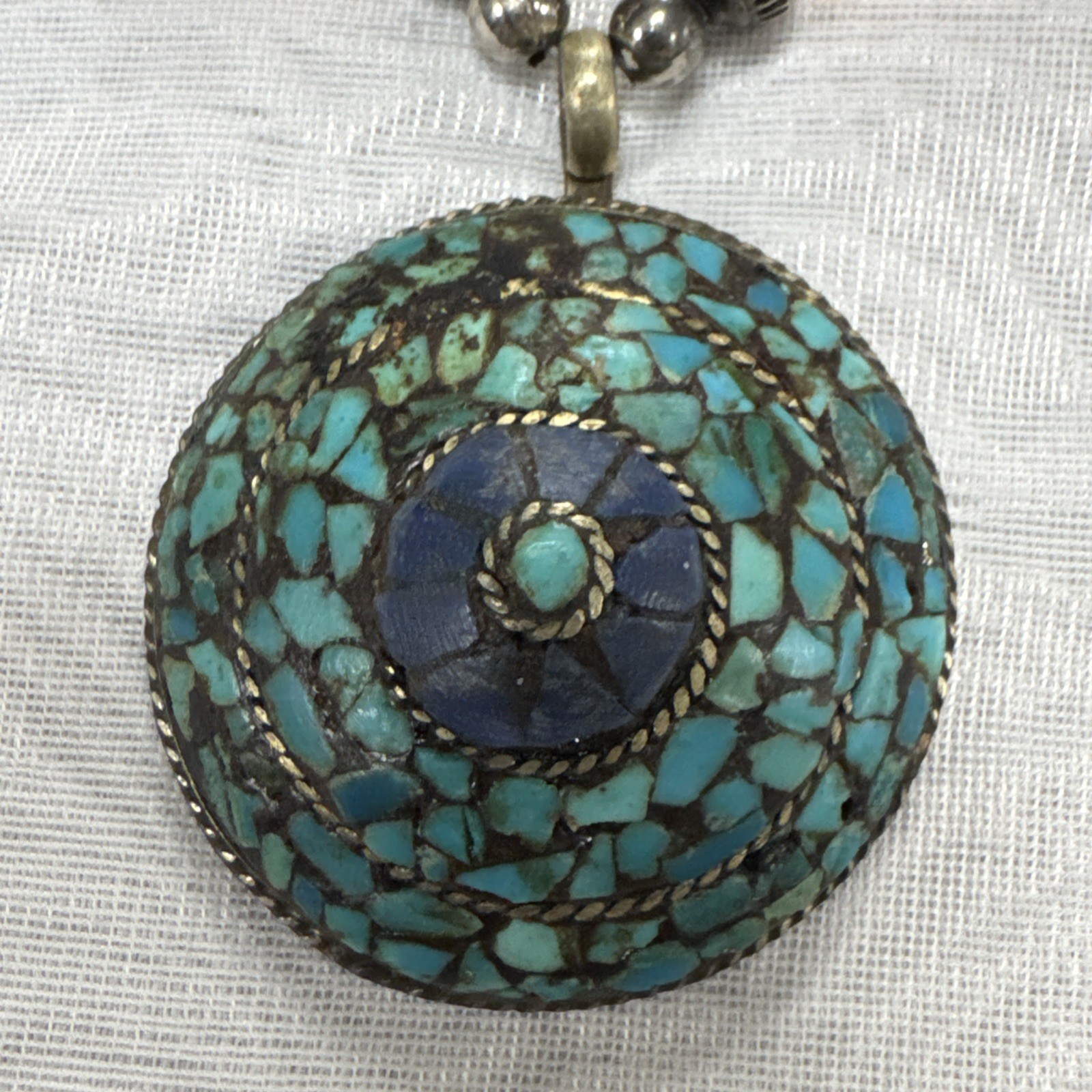 Vintage Bohemian Multi Color Necklace Tibetan Resin Amber with Turquoise Pendant