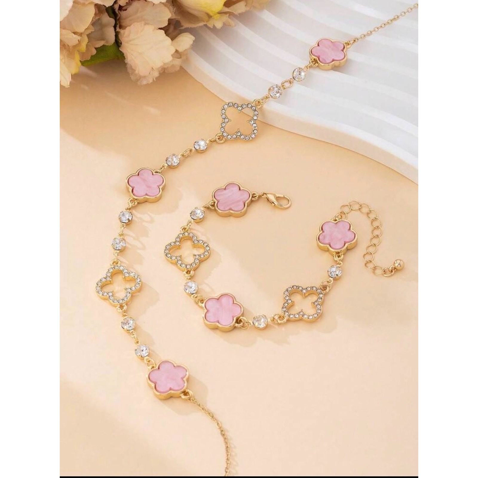 New Gold and Pink Clover Necklace and Bracelet Set
