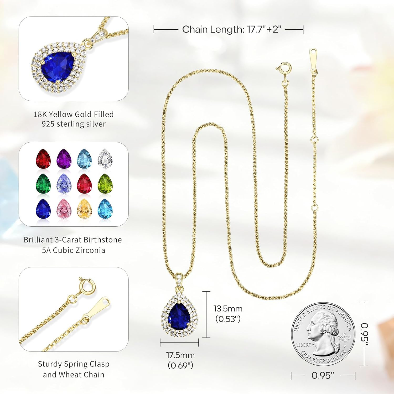 Birthday Gifts for Wife-18K Gold Plated Teardrop Birthstone Necklace- with Light