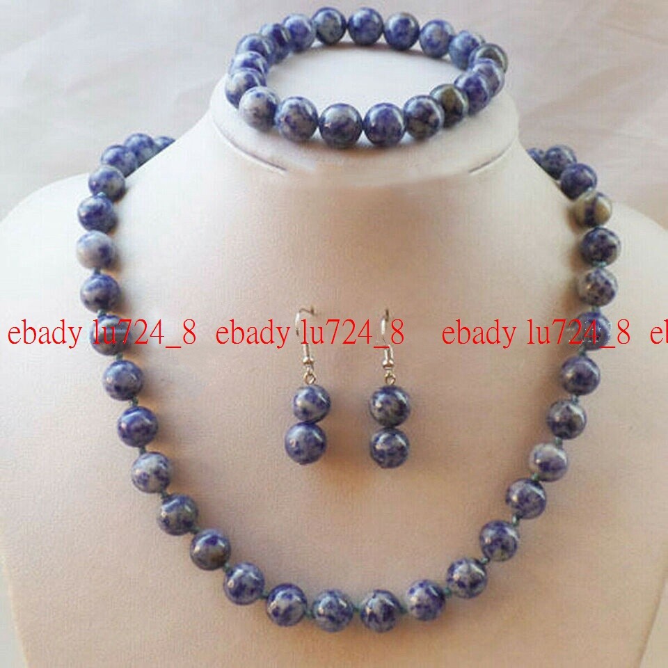 6-12mm Blue White Lapis Lazuli Round Gems Beads Necklace Bracelet Earrings Set