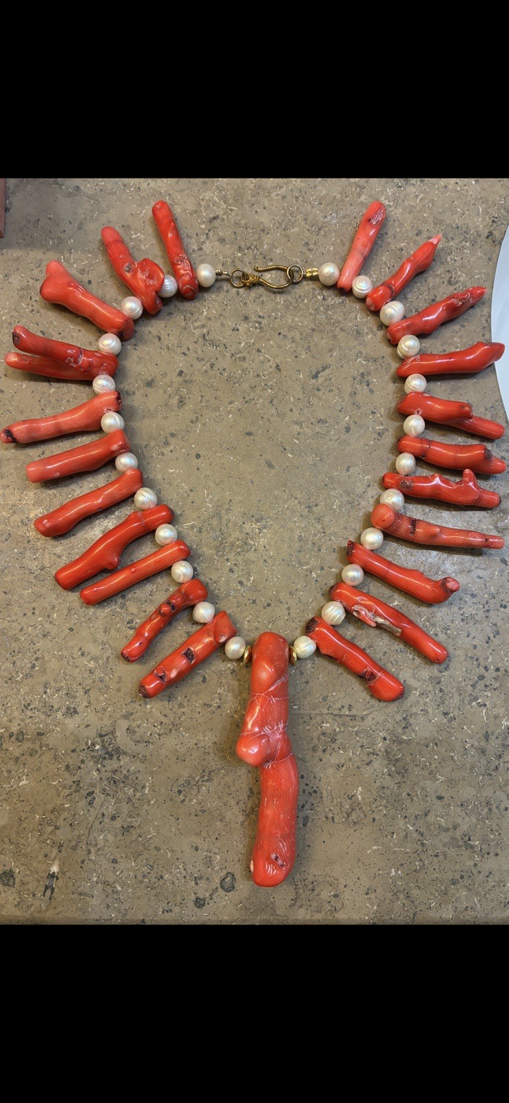 Red Branch Coral Pearl Beaded Statement Necklace White Beads