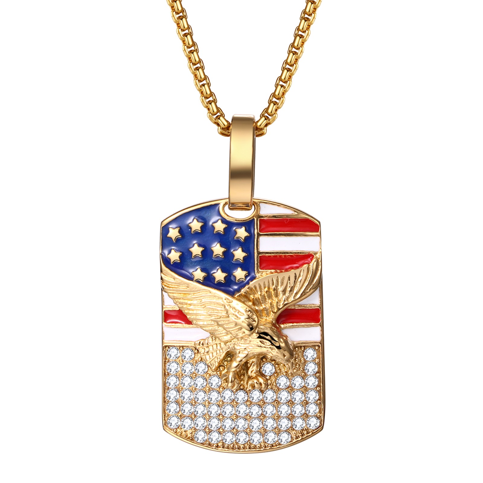 Men Bling CZ Eagle USA Flag Patriotic Dog Tag Spiritual Biker Necklace 25″ Chain