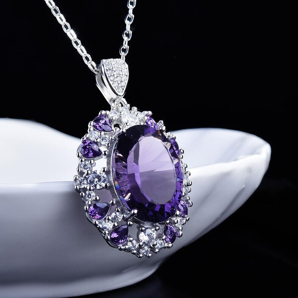 Oval Simulated Amethyst Women’s Stunning Fancy Pendant In 14K White Gold Plated