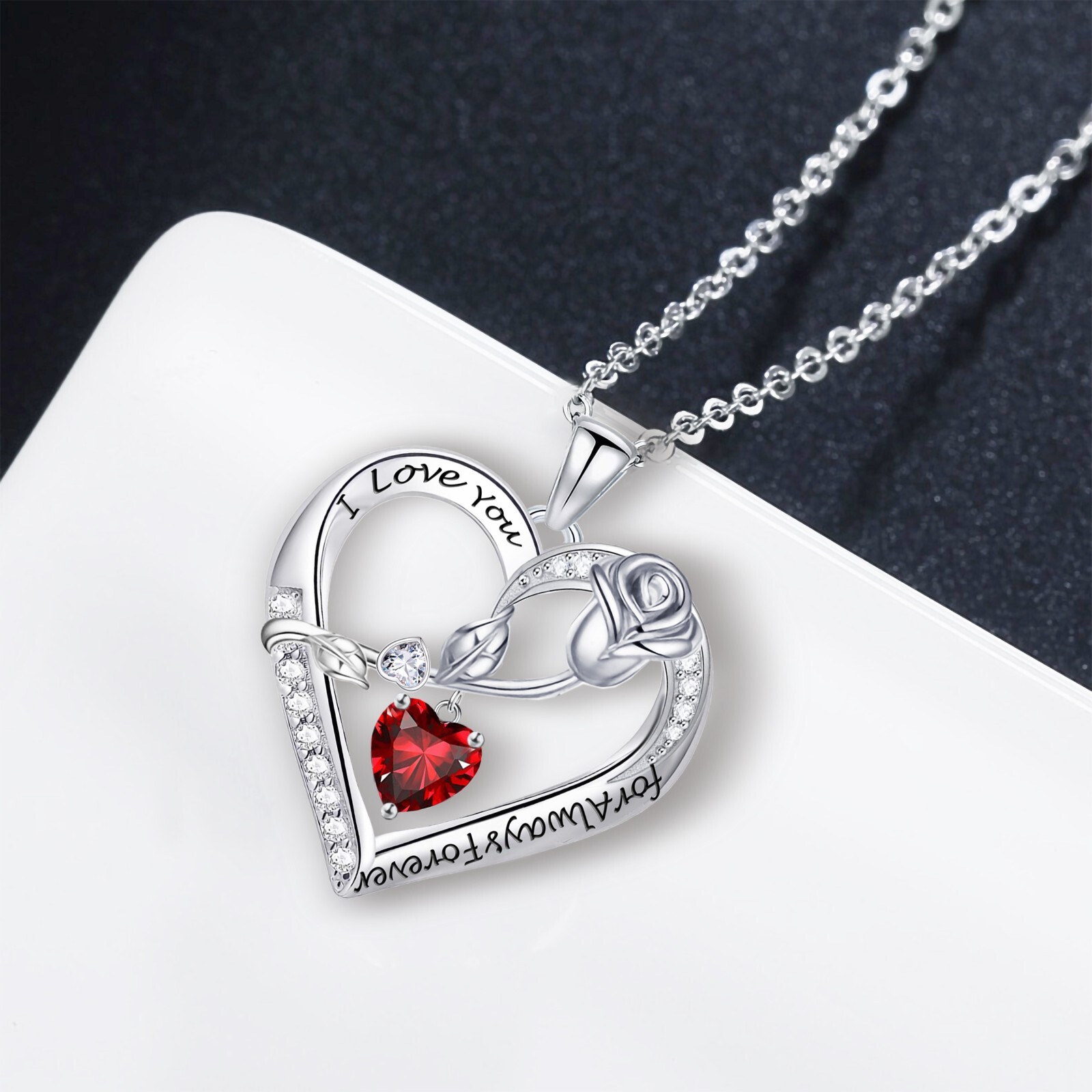Necklac for Women White Gold Plated 5A Heart CZ Rose Engraved Necklace