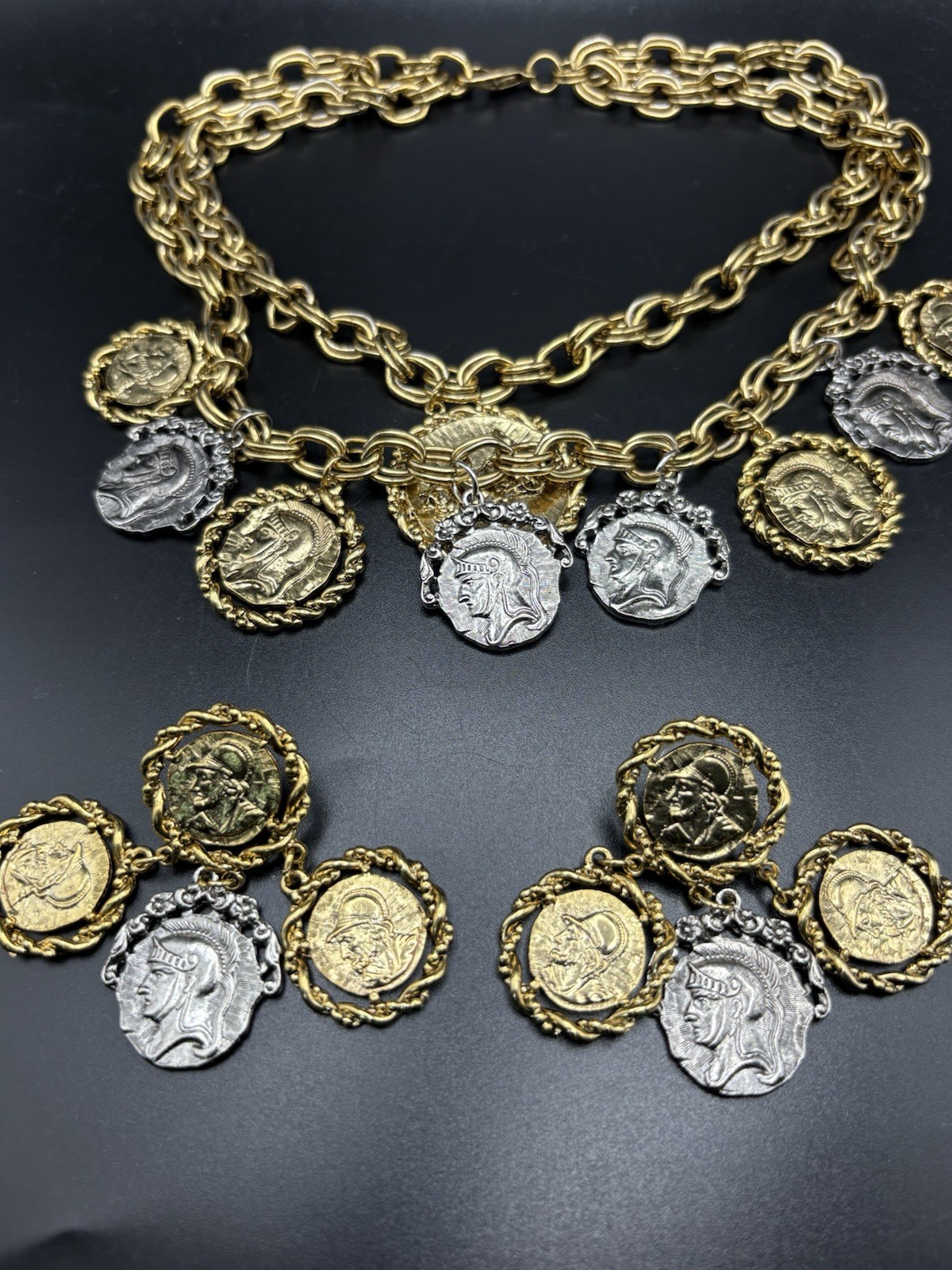 coin charm necklace Earrings Set Layered Two Tone Roman Greek Soldier Medallion
