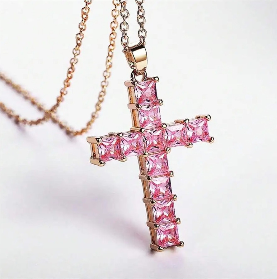 1pc Gold Cross Pendant Necklace – Multicolor Crystal Religious Jewelry for Women