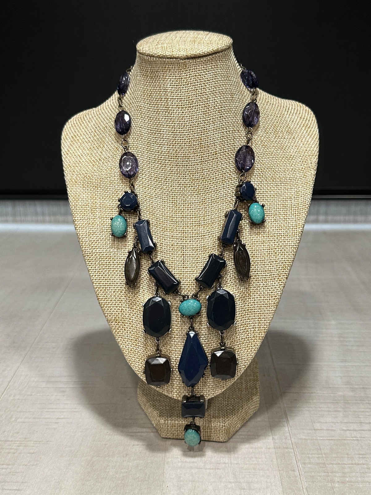 Chico’s Necklace Multicolor Bib Statement Faceted Stones 15 In Lobster Clasp