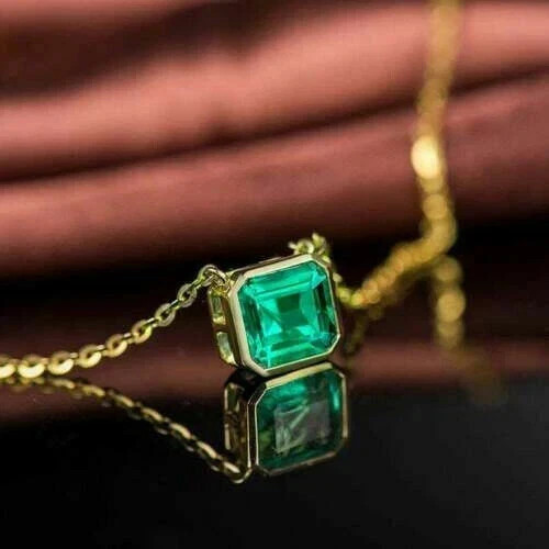 2Ct Asscher Cut Simulated Green Emerald Solitaire Pendant 14k Yellow Gold Plated