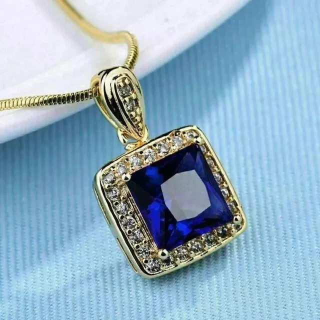 2Ct Princess Cut Lab-Created BlueSapphire Women’s Pendant 14K Yellow Gold Plated