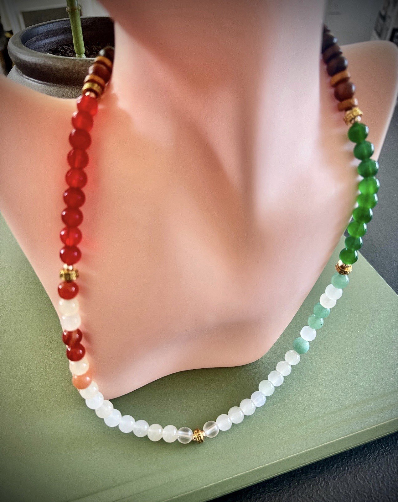 Latin Style beaded Necklace, natural Stone w/ Toggle Clasp.