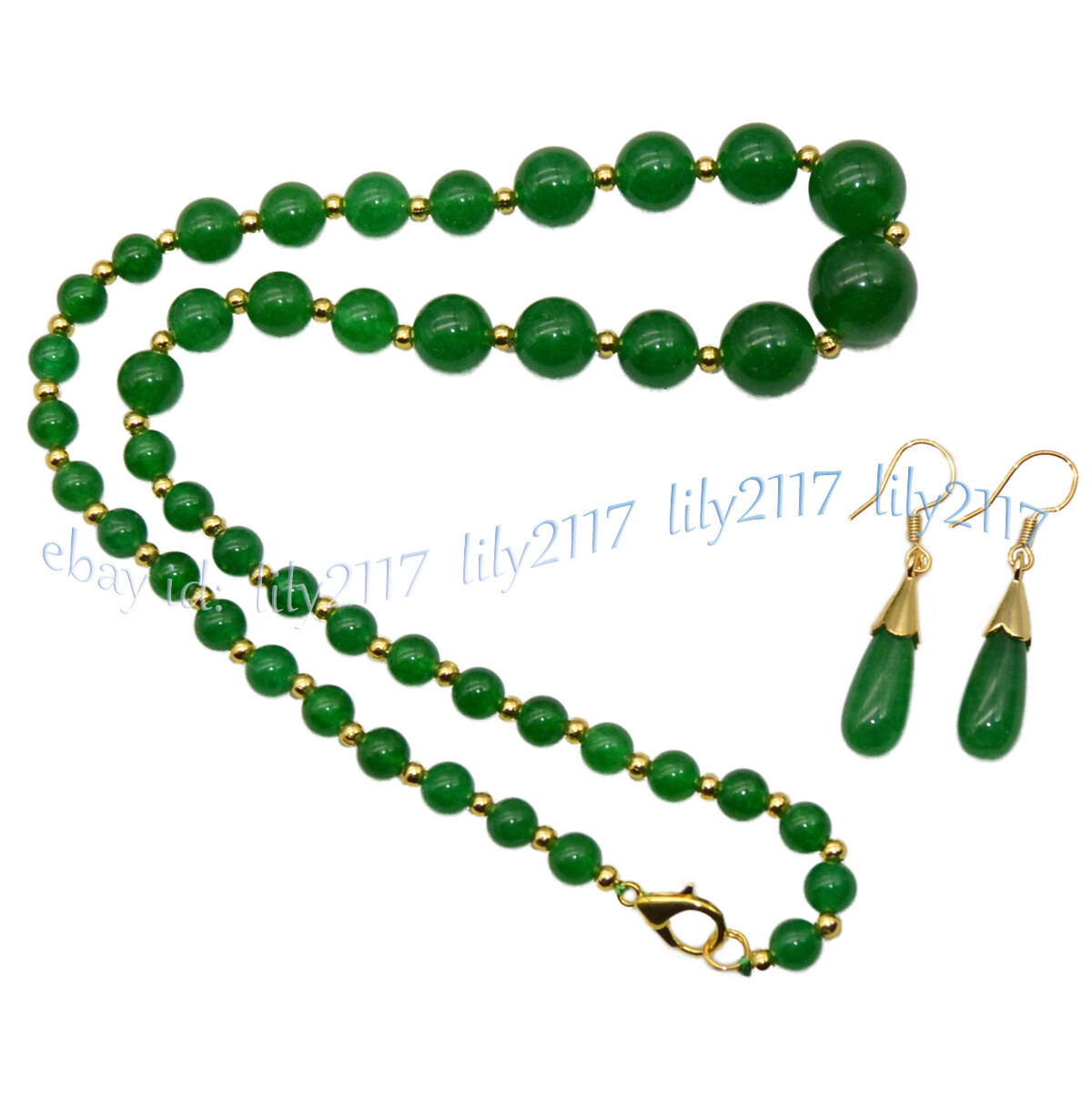 6-14mm Natural Green Jade Round Gemstone Beads Tower Necklace Earrings Set 18”