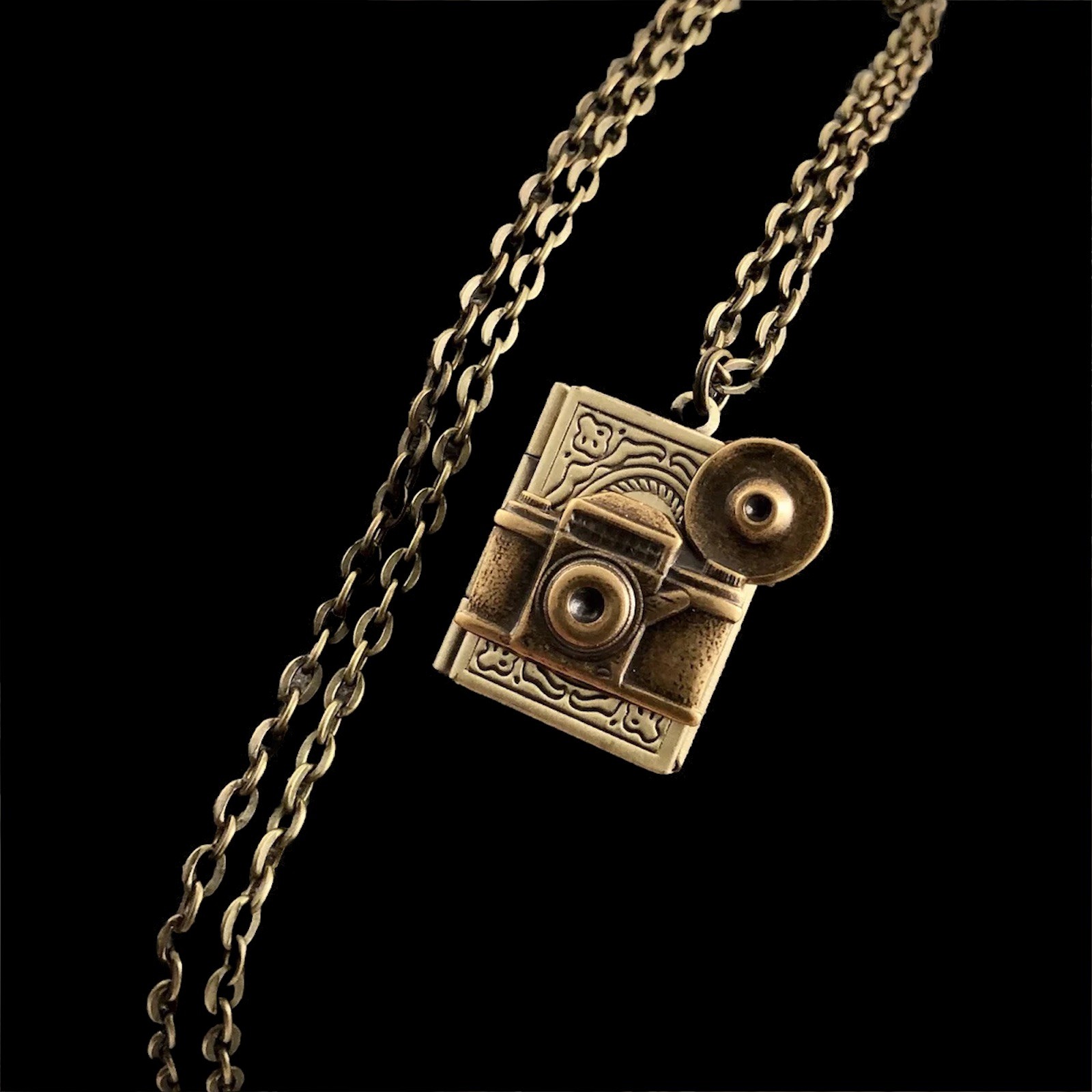 Vintage Camera w/ Flash Bulb Photo Book Locket Necklace, Antique Brass
