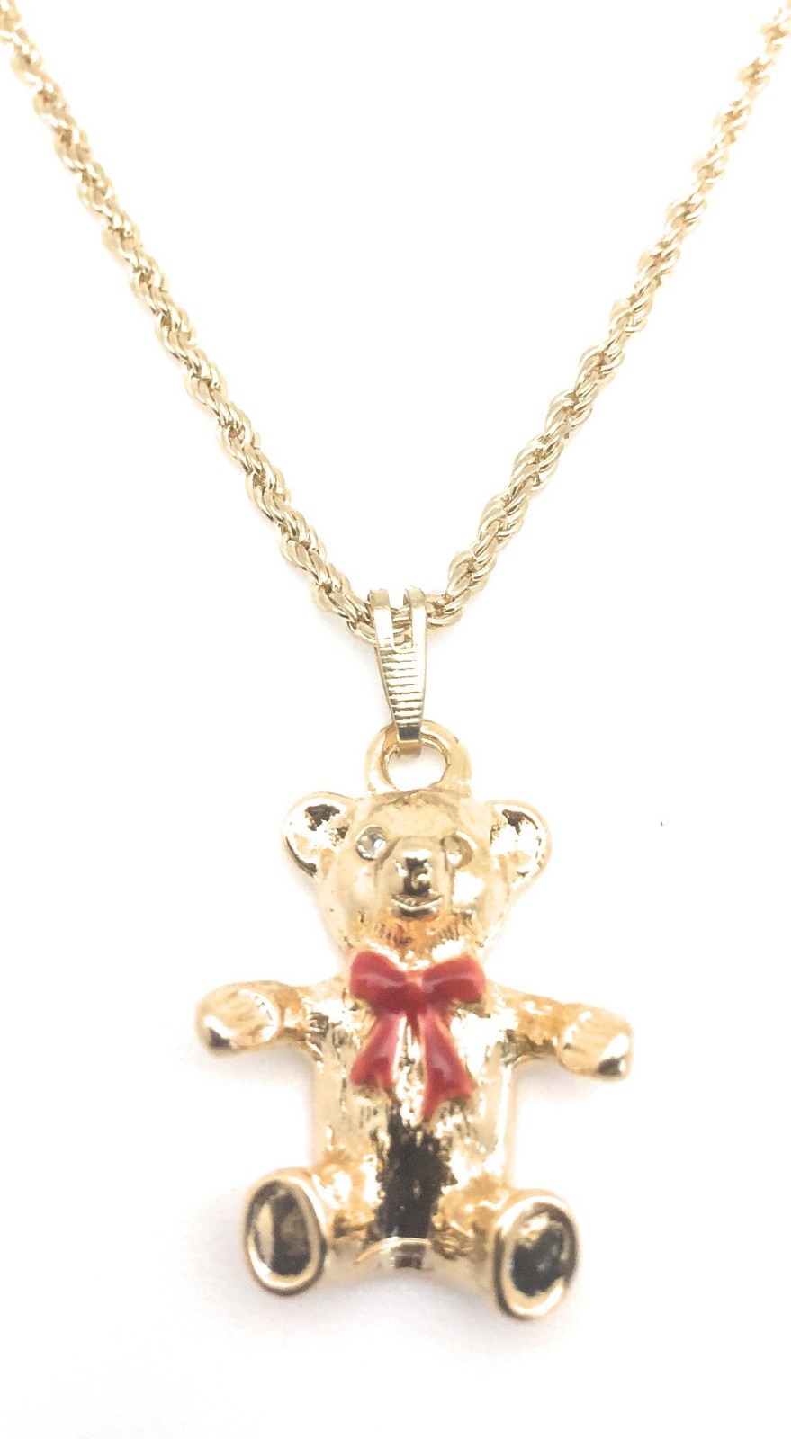 Teddy Bear Pendant Yellow Gold Plated Charm 20″ Rope Necklace Chain Red Enamel