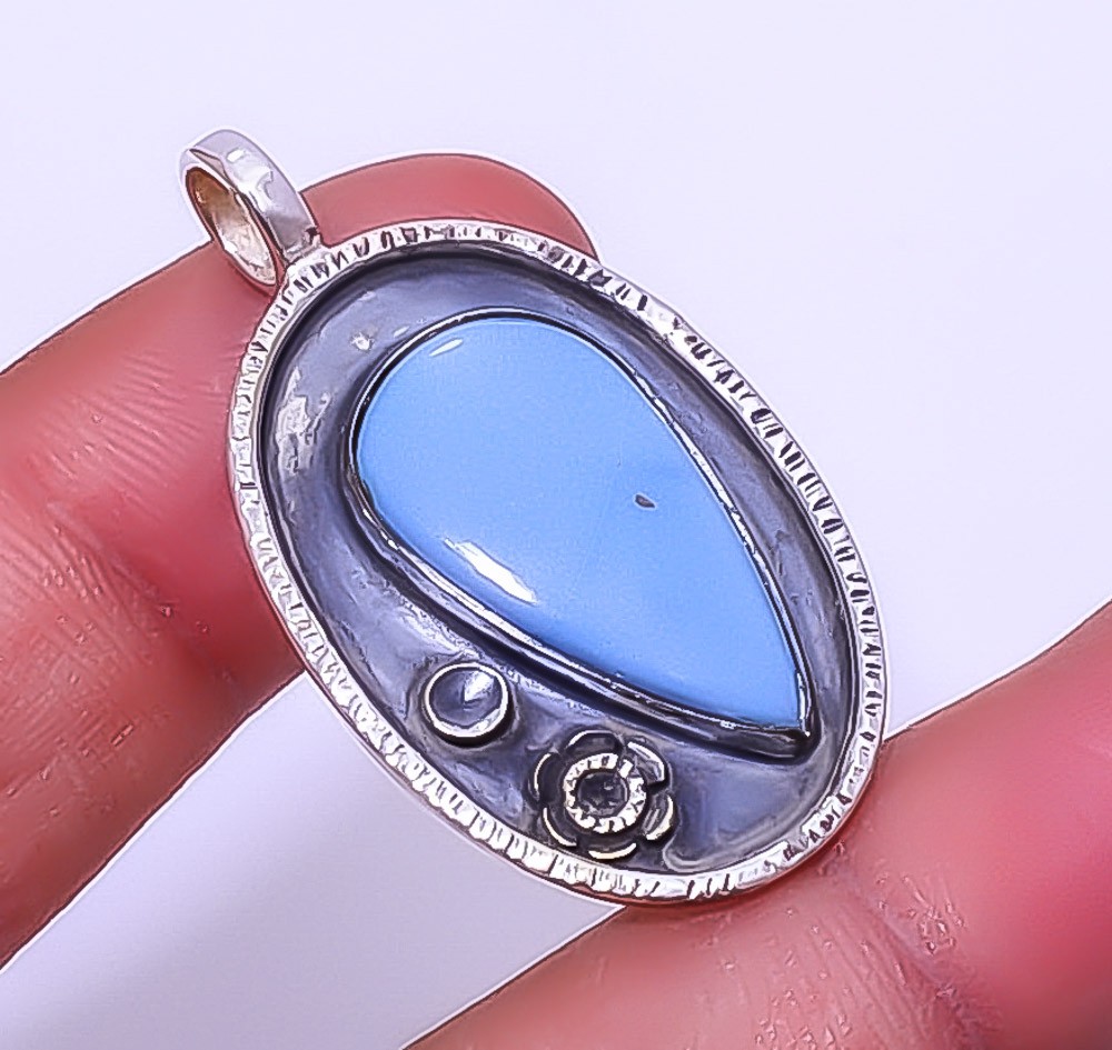 Blue Opal – Owyhee Gemstone 925 Sterling Silver Solitaire Pendant 1.56″ A370