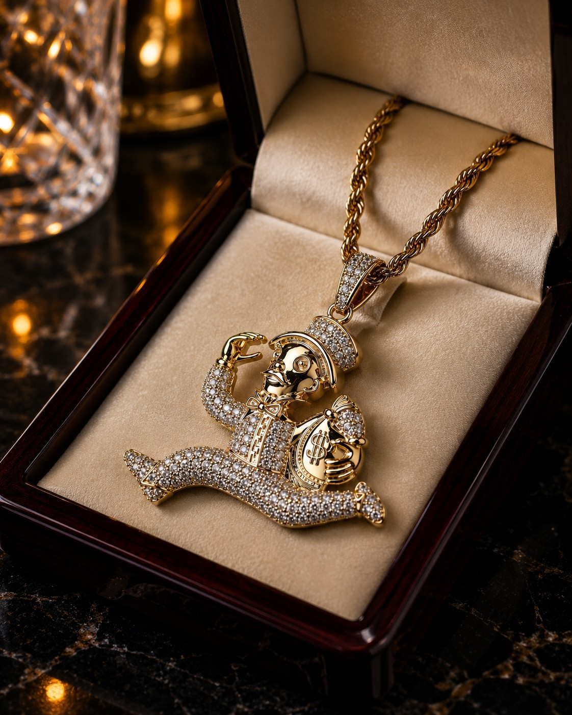 Gold Tone Monopoly Style Money Bag Pendant Necklace CZ Hip Hop Rope Chain 24″