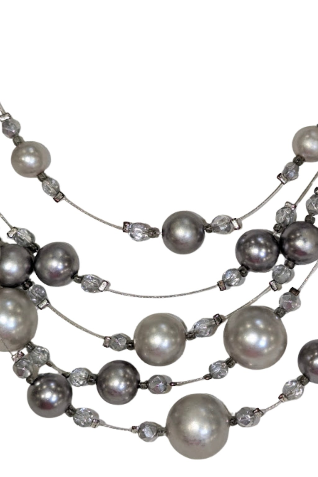 Gray Faux Pearl Crystal Layered Necklace Floating Strand Wedding Cocktail