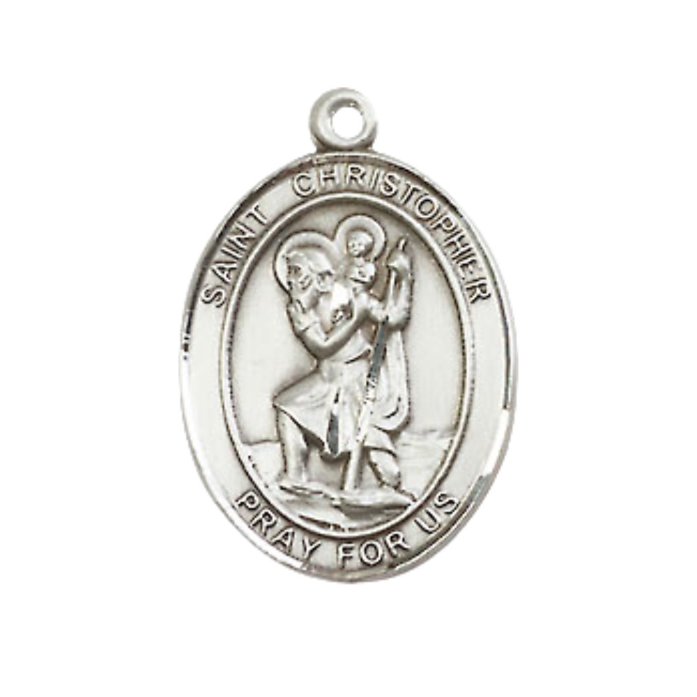 Medium Pewter Saint Christopher Medal Pendant 24″ Endless Chain Necklace w/ Box