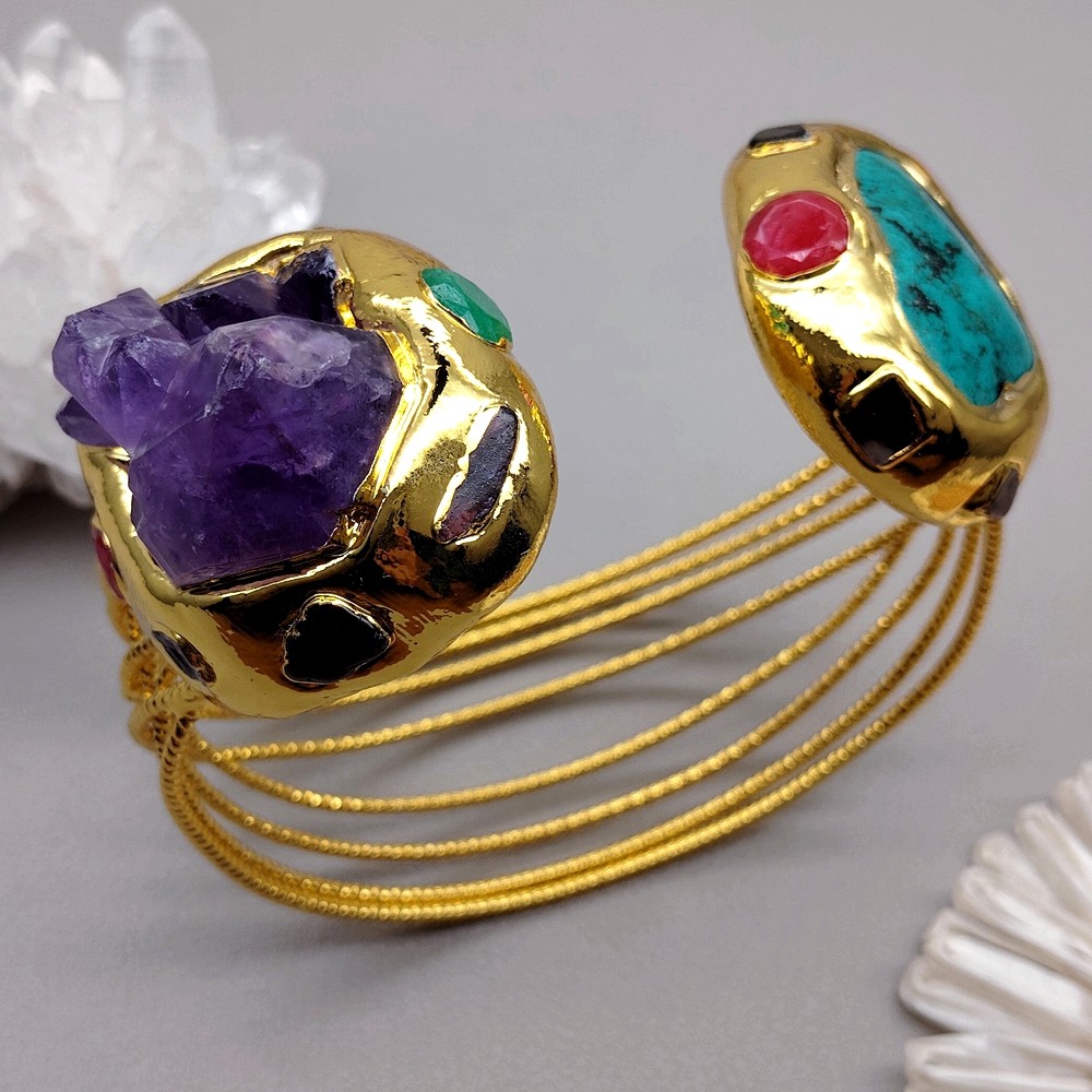 Natural Bohemia Purple Amethyst Raw Druzy Green Turquoise Bangle Cuff Bracelet
