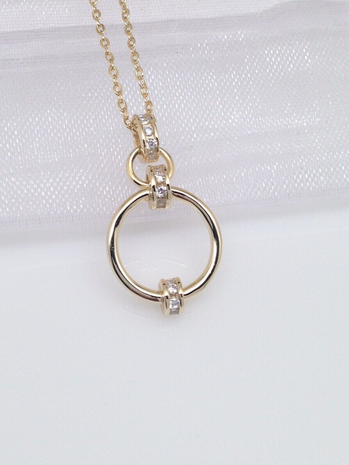 925 Sterling Silver CZ Two Circle Pendant Necklace Linked Gold 25mm 16-18″ Women