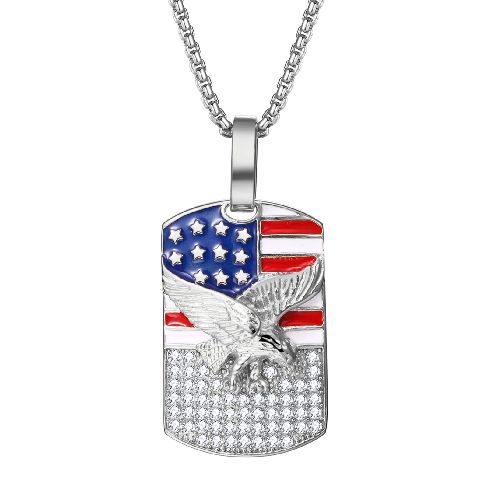 Men Bling CZ Eagle USA Flag Patriotic Dog Tag Spiritual Biker Necklace 25″ Chain