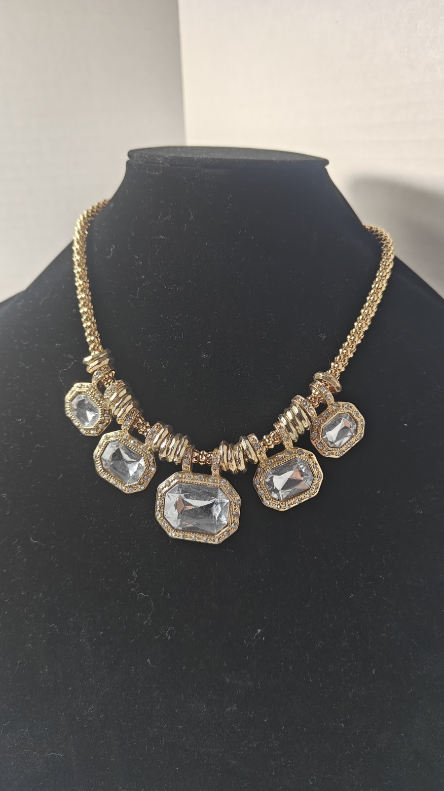 Sofia by Sofia Vergara Statement Necklace Gold Tone Rhinestones Clear Gems 22″