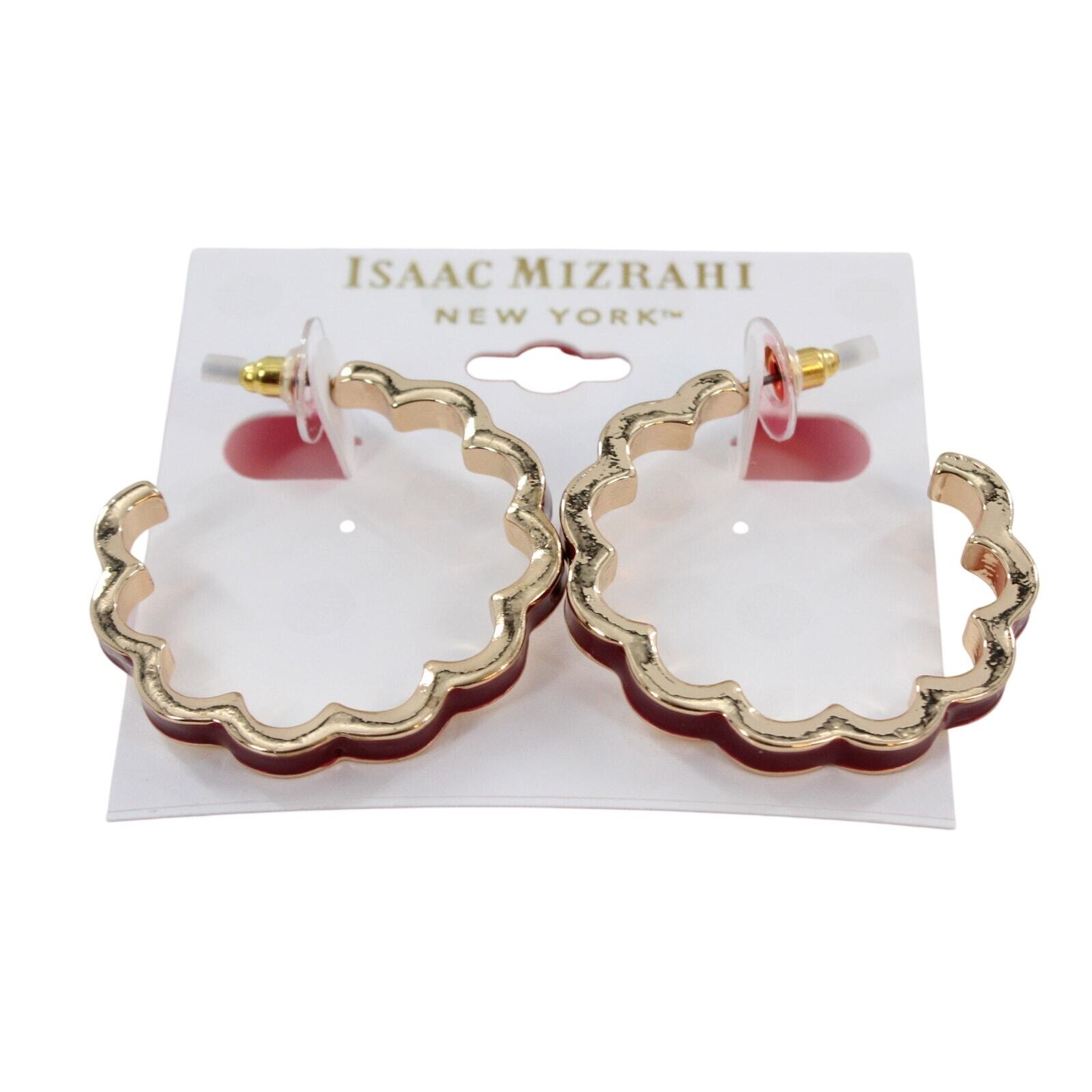 Isaac Mizrahi Scalloped Gold & Burgandy Hoop Earrings #MZ30