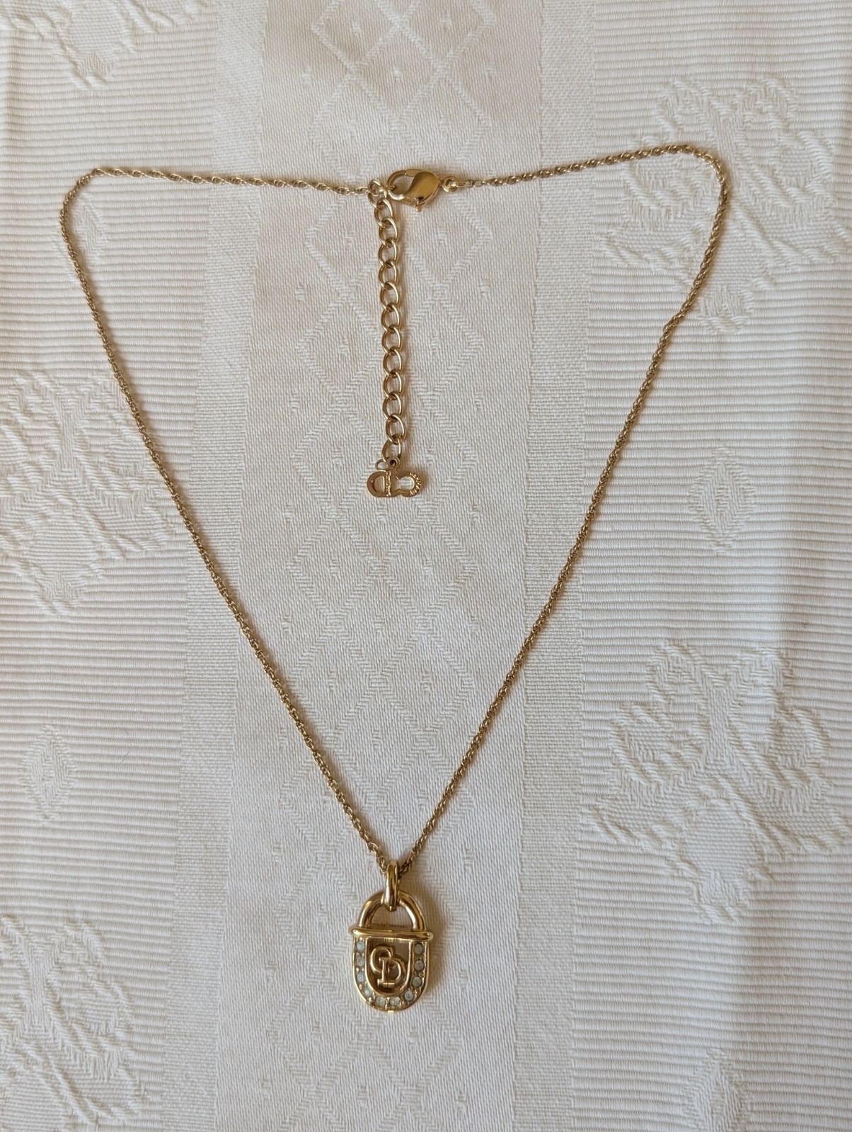 Vintage Christian Dior Padlock Stirrup CD Logo Necklace Gold Crystals Germany