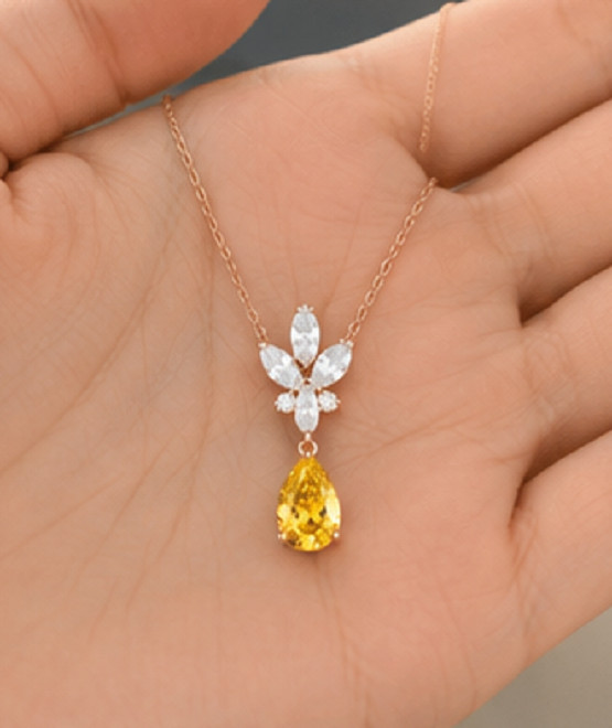 4ct Pear Cut Simulated Yellow Citrine/Diamond Drop Necklace 14k Rose Gold Plated