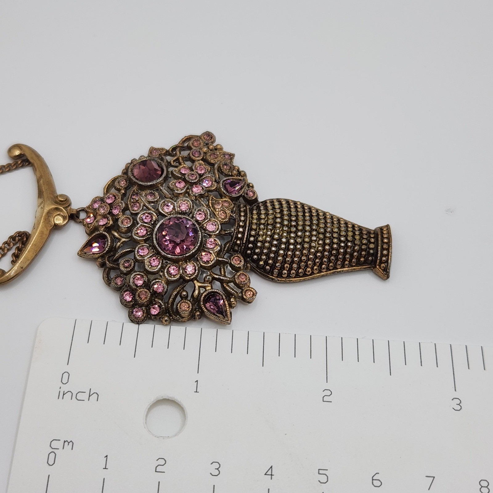 Vintage Floral Vase Pendant Necklace Purple Rhinestone Victorian Revival Gold