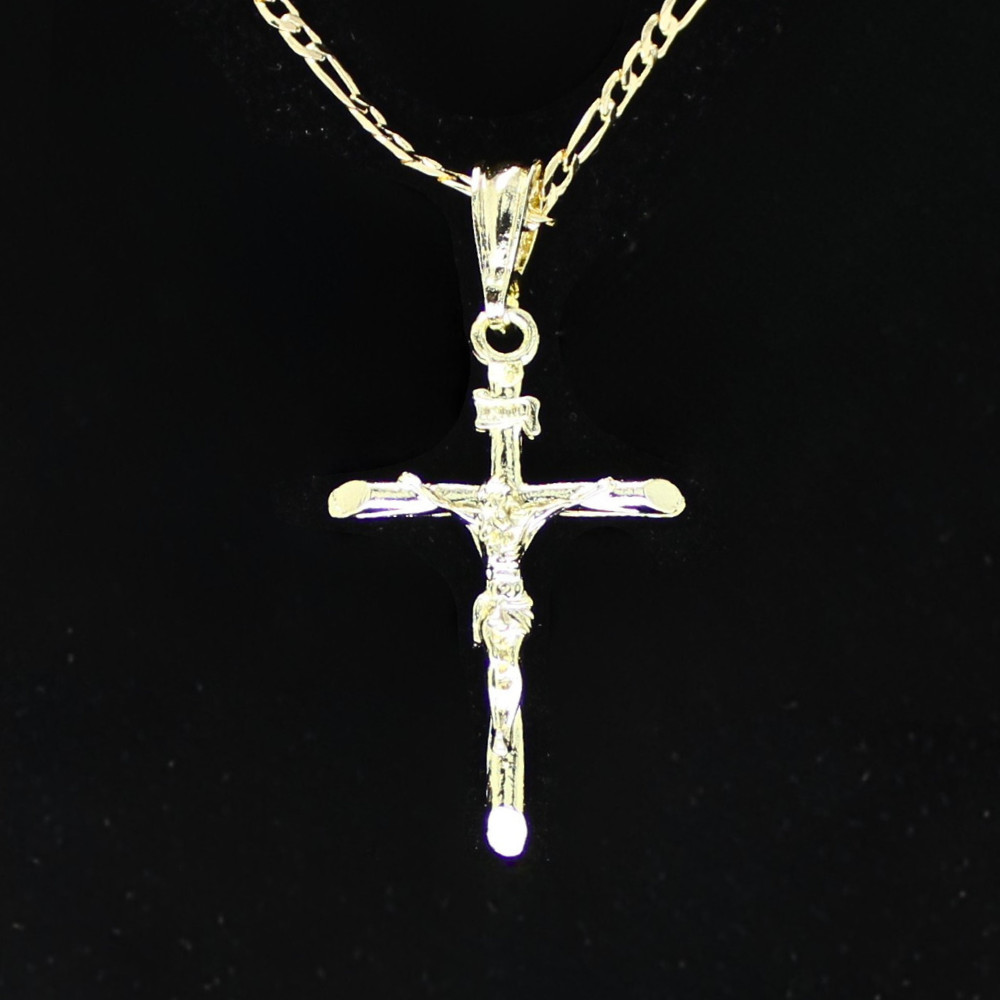 14k Gold Plated Crucifix Pendant 20″ Figaro Chain Men Women Necklace