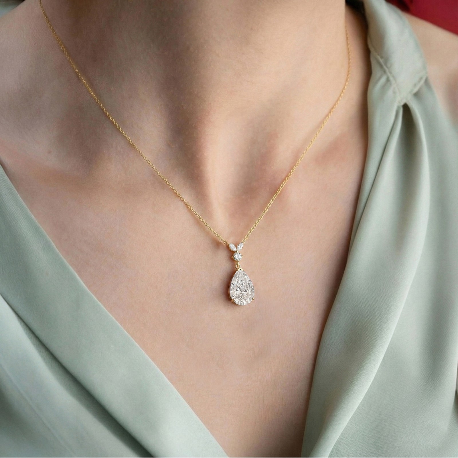 Simulated Diamond Pendant Necklace Pear Cut Gold, CZ Teardrop Necklace