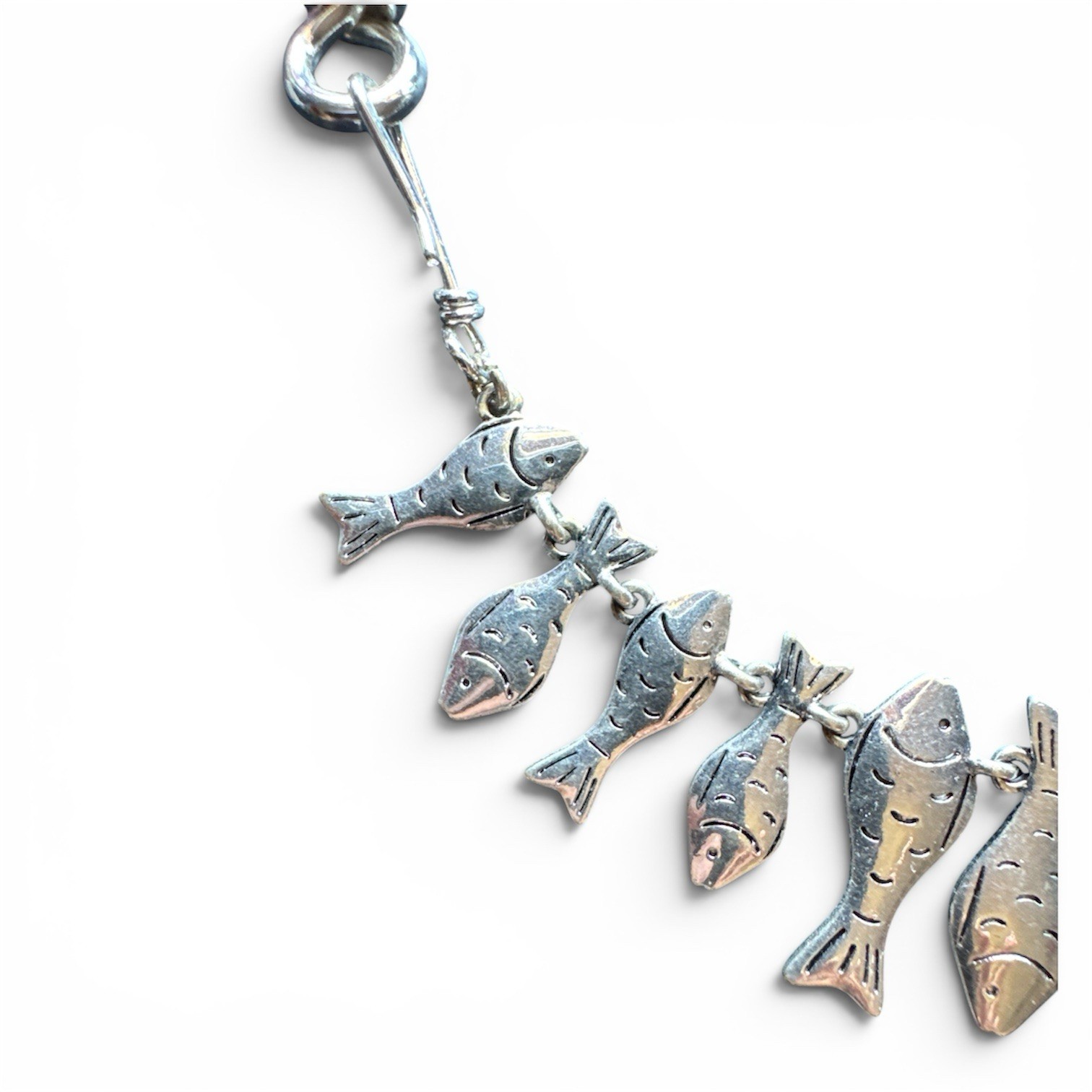 Vintage Style Silver Tone Fish School Charm Collar Necklace Coastal Nautical Fun