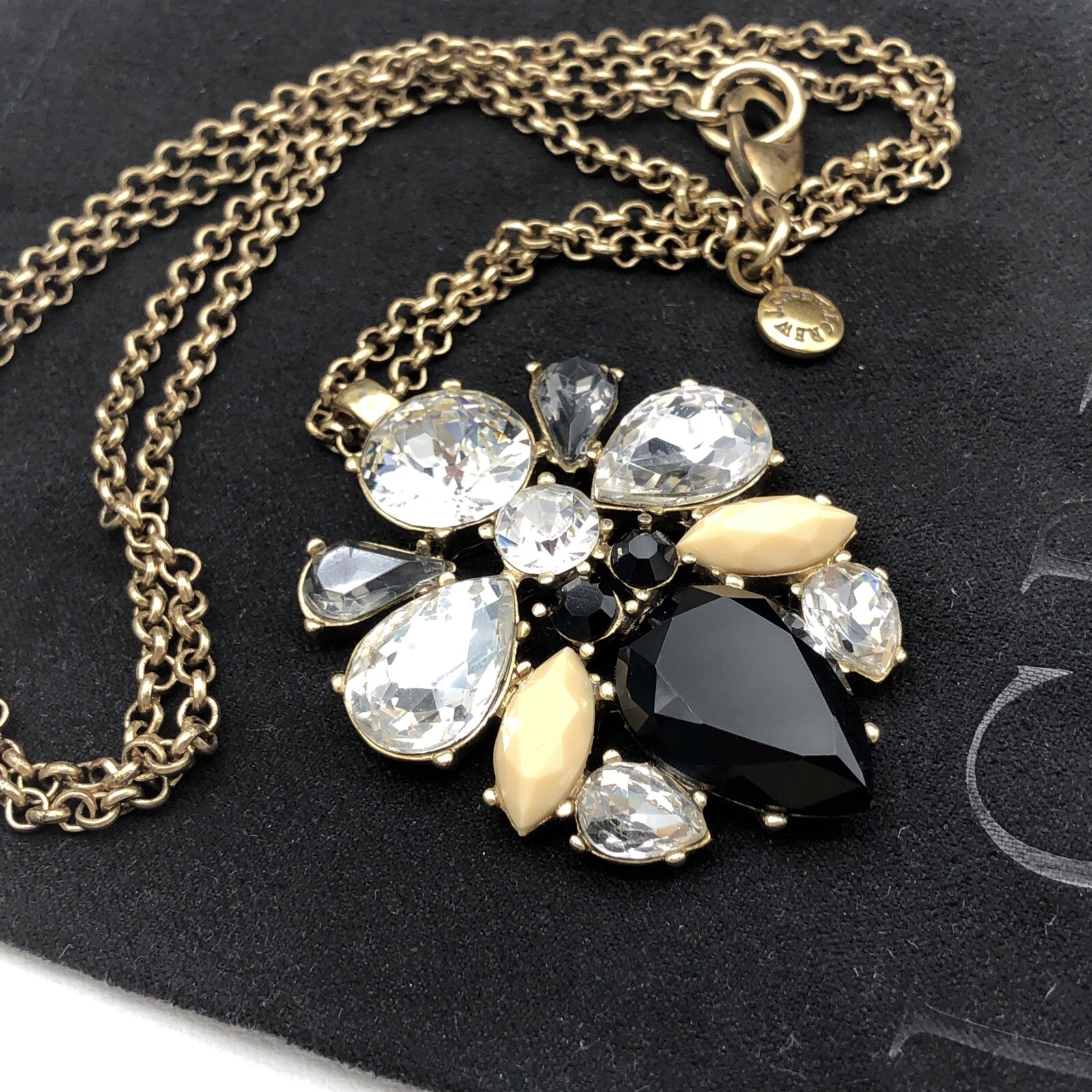 J CREW Pendant Necklace Neutral Crystals Black Clear Tan Antique Gold Tone w Bag