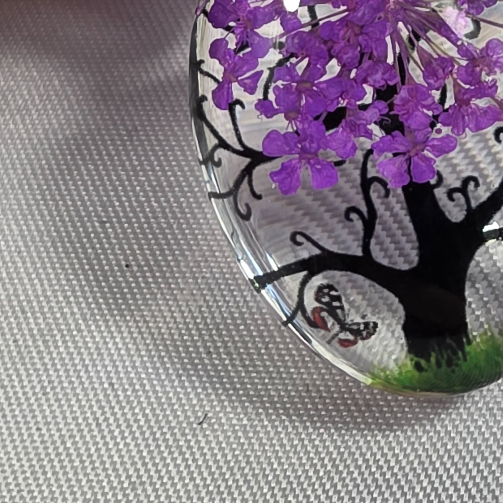 Tree of Life Resin Oval Pendant Dried Purple Flowers Butterflies, Tree & Grass