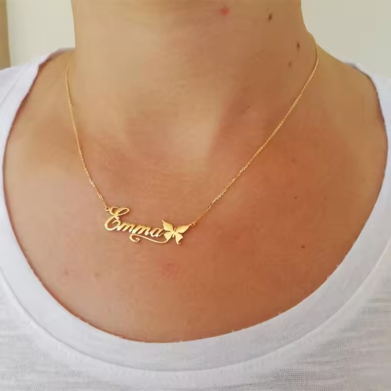Custom Butterfly Name Necklace Pendant Link Chain Jewelry Rose Gold Silver Charm