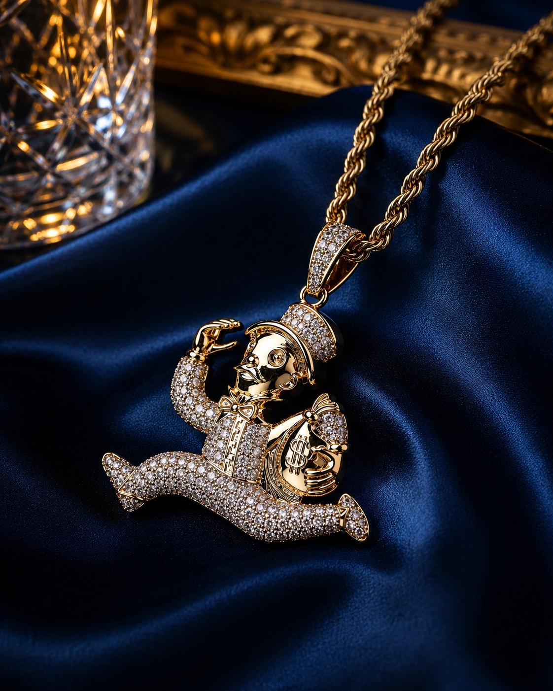 Gold Tone Monopoly Style Money Bag Pendant Necklace CZ Hip Hop Rope Chain 24″