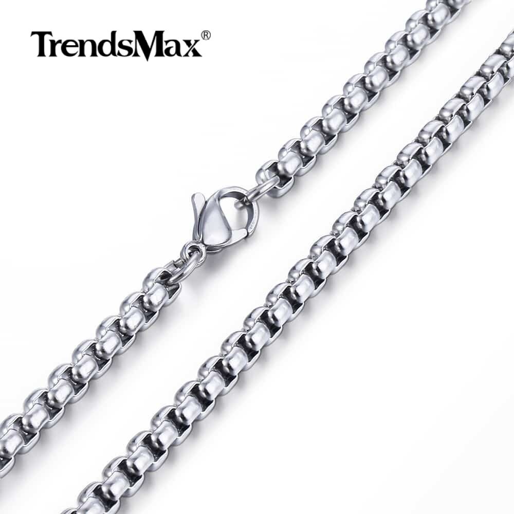 4MM Silver Stainless Steel Round Box Link Necklace Women Men Chain 18/20/22/24″