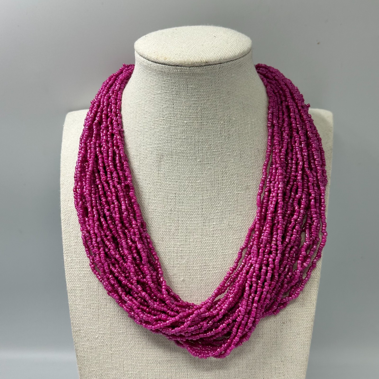 Fuchsia Pink Seed Bead Necklace Silver Tone Multi Strand Boho 14 Inch