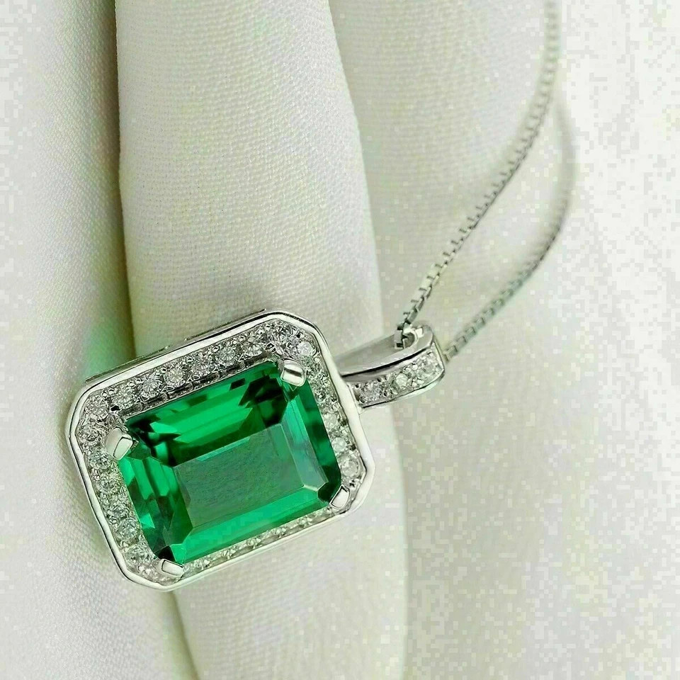 3.28 Ct Emerald Cut Emerald Pendant Wedding Pendant 14k White Gold