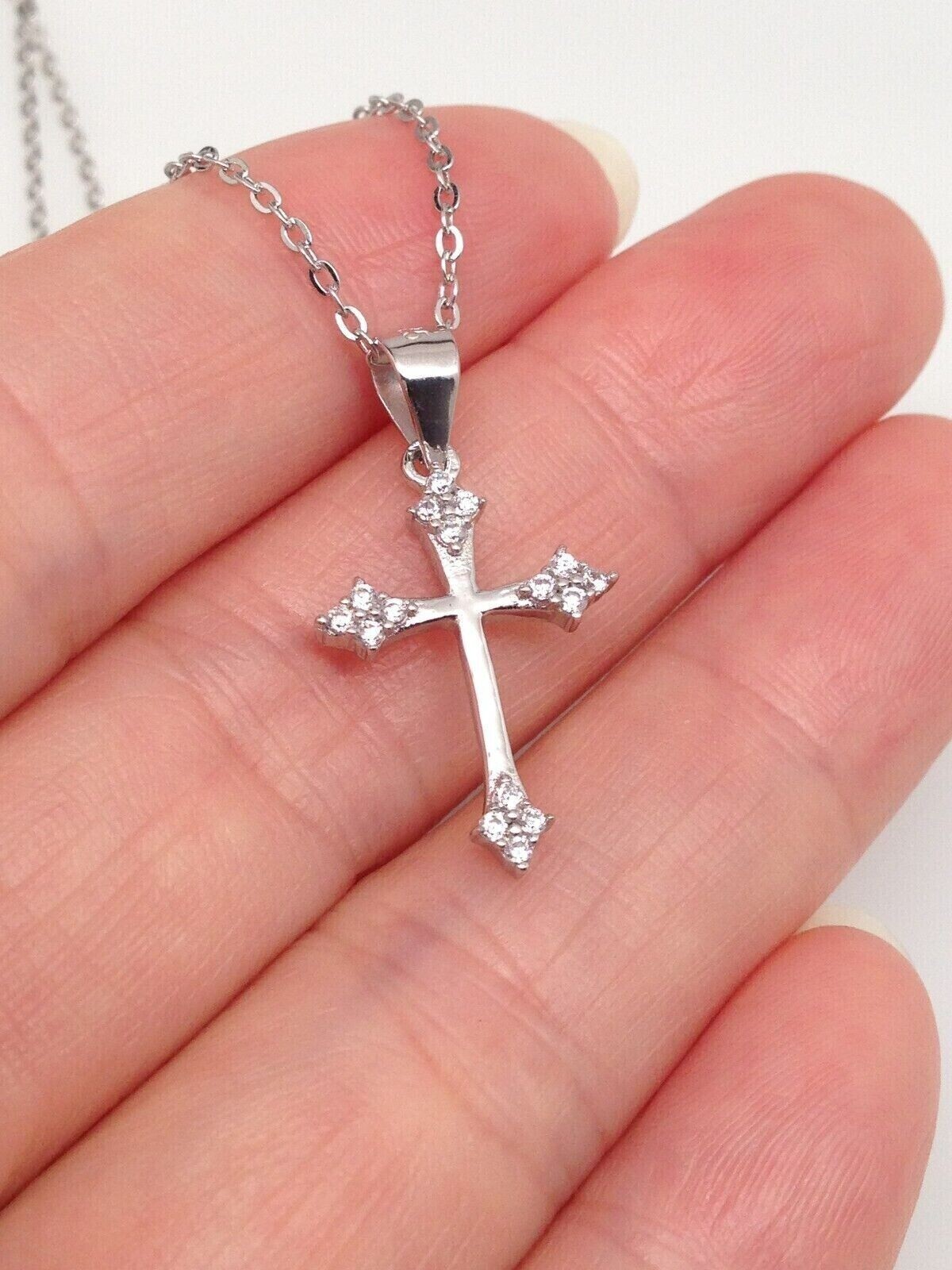 Small Cz Cross Necklace 925 Sterling Silver Tiny Pendant Womens 17mm(0.67″) 18″