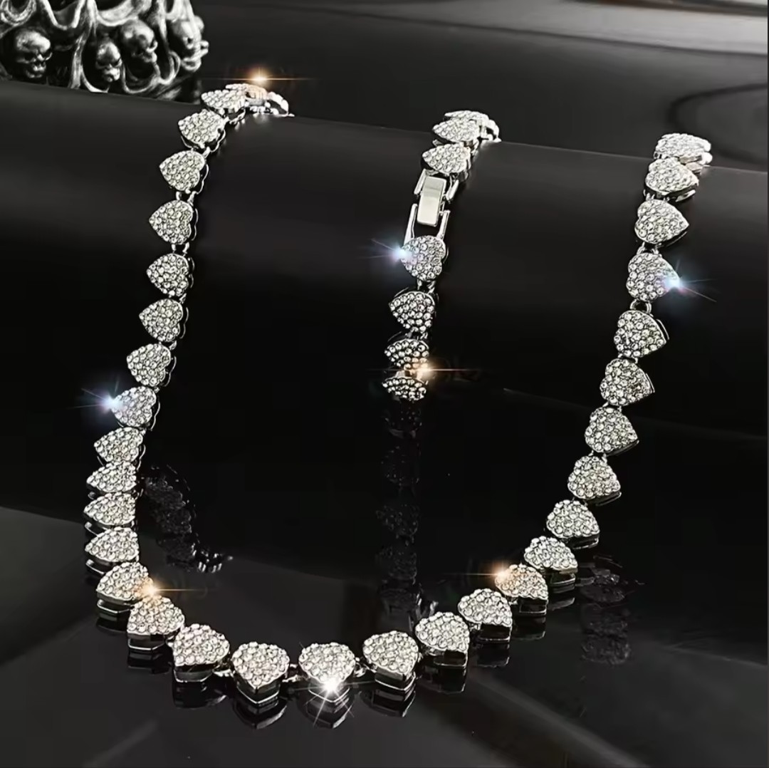 45CM Hip Hop Tennis Chain Necklace – Heart Rhinestone CZ Party Jewelry Chain
