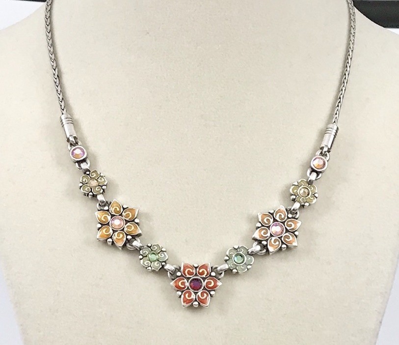 Brighton Garden Of Eden Multi Color Crystal Enamel Silver Flower Necklace. #1160