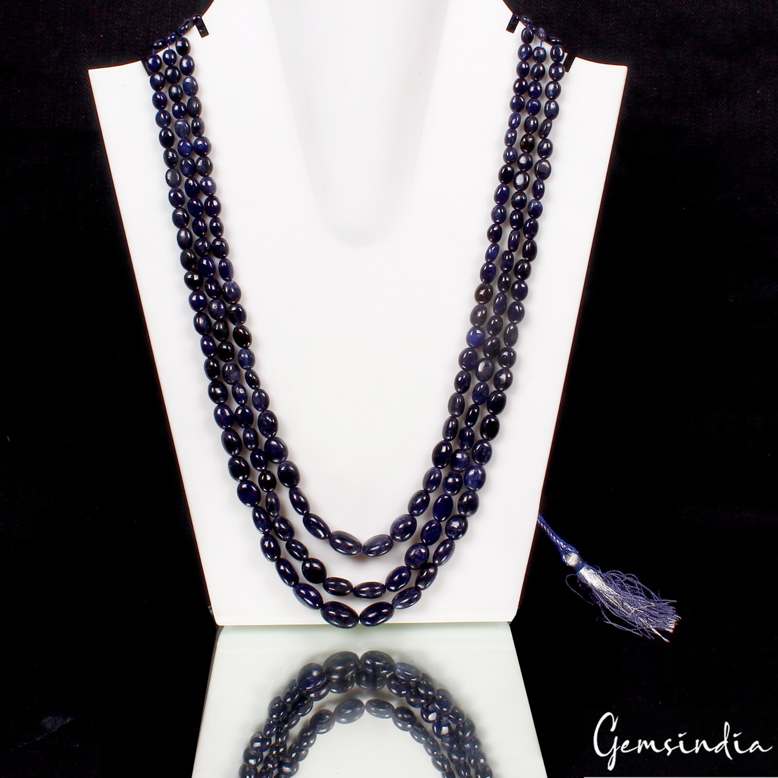 Natural Dark Blue Sapphire Oval Beaded 3 Strand Adjustable Necklace Jewelry 22″