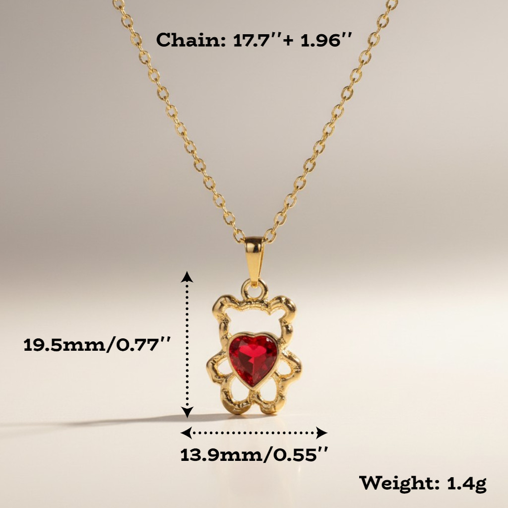 Gold Tone Hollow Teddy Bear With Red Crystal Heart Pendant Necklace Jewelry