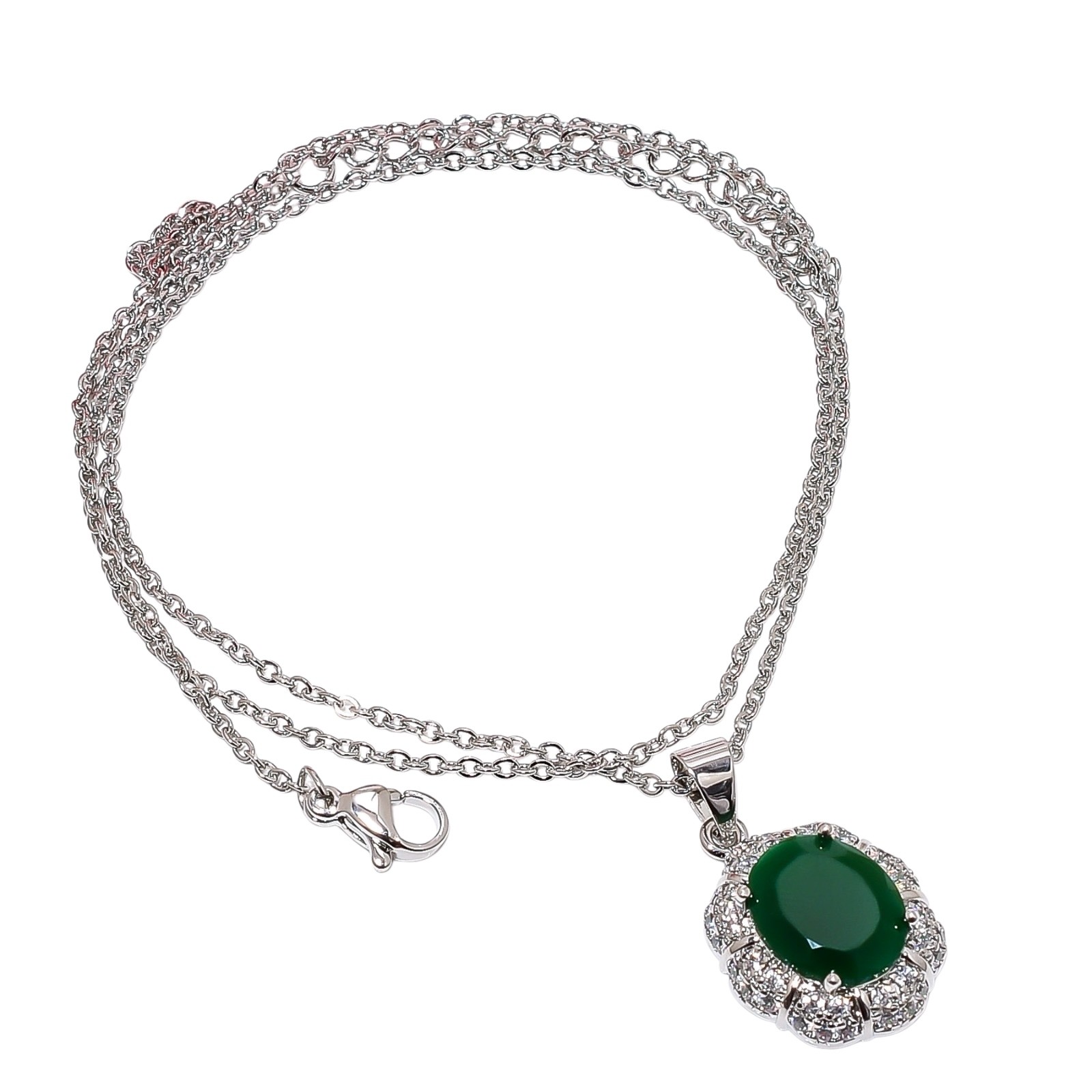 Emerald Simulated & Cz 925 Sterling Silver Pendant With Chain 18-20″ CP153930