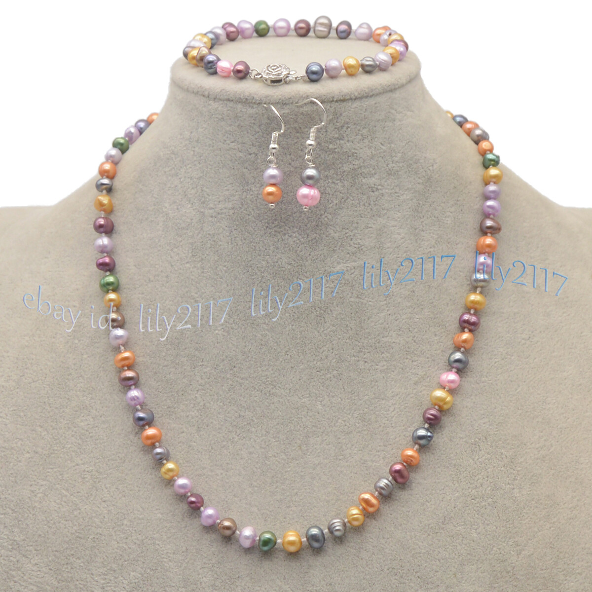 Natural 6-7mm Multicolor Freshwater Pearl Necklace Bracelet Earrings Jewelry Set