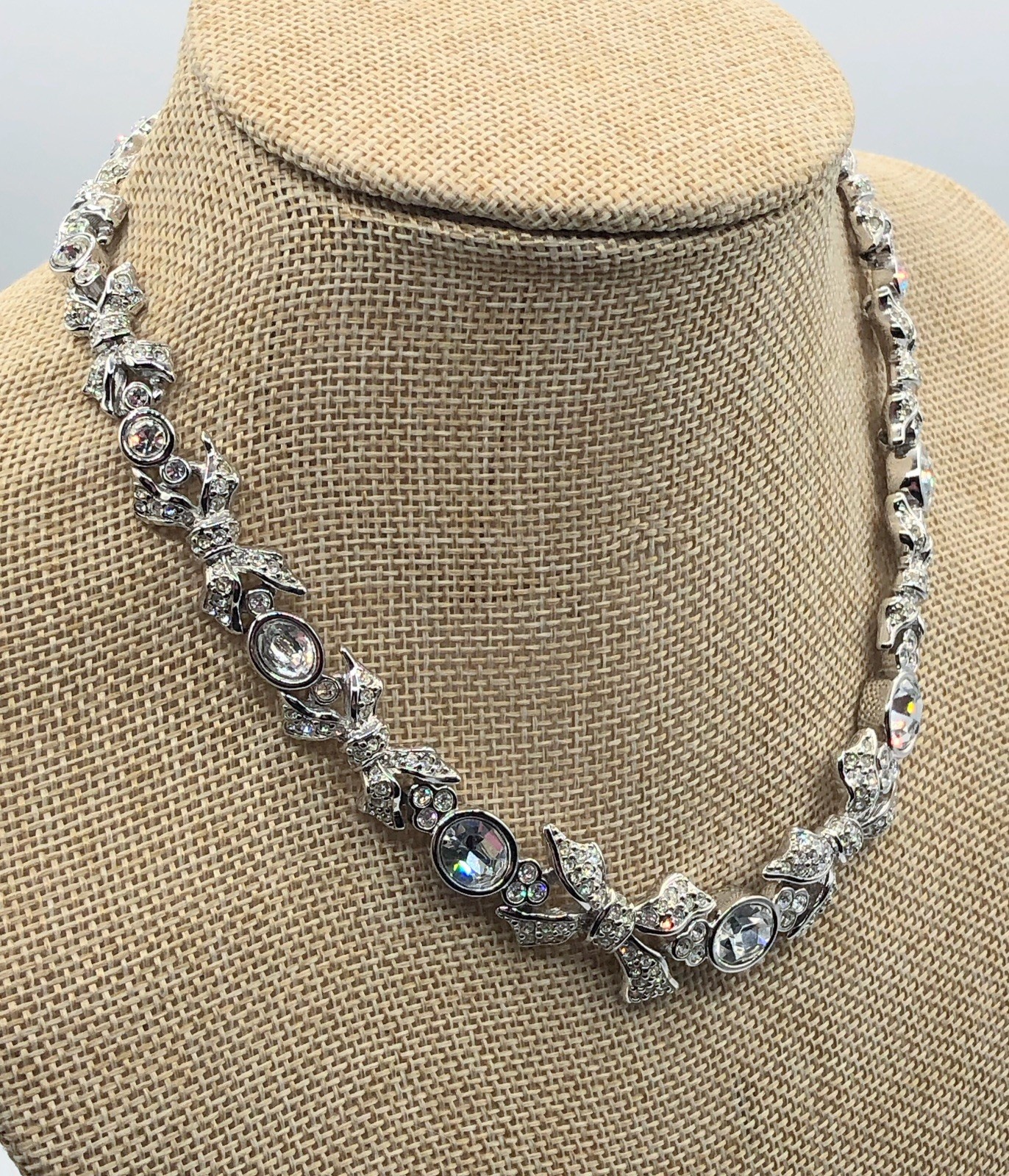 Swarovski Crystal Necklace Silver Rhodium Plated Statement Choker Bows Bezel Set